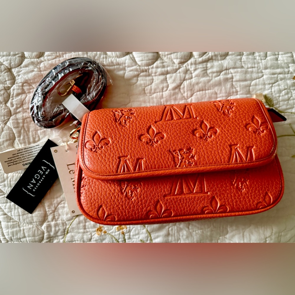 NWT Le Meil Orange Embossed Vegan Leather Women Bag